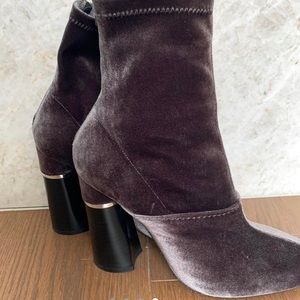 Velvet Philip Lim booties with wooden heel and gold accent. Mushroom color.